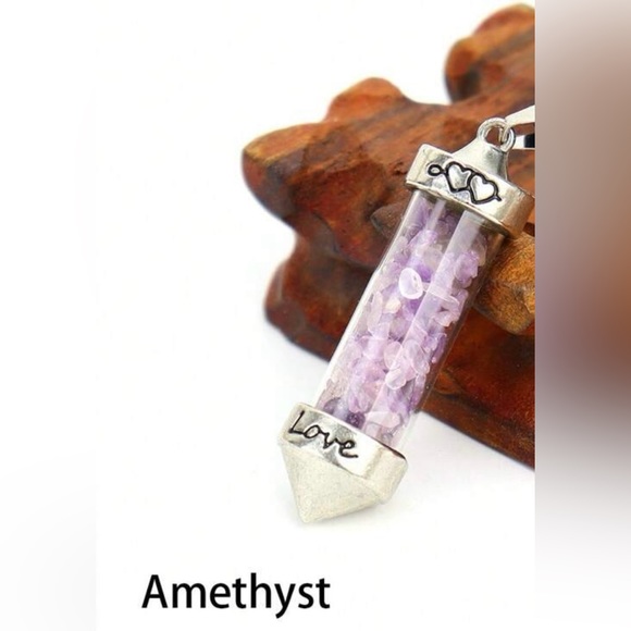 Amethyst Love Vial Tiny Lavender Float Stone Engrave Bottle Chakra Heart Pendant - Picture 2 of 16